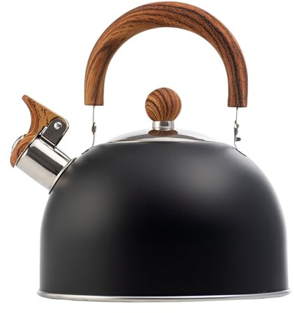 Stainless Steel Whistling Kettle, 2.5L Tea Kettle, Stove Top Kettle with Heat-Resistant Handles, Black Induction Kettle for Gas Stove, Electric Stove or Camp