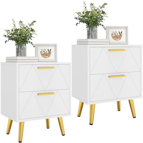 YITAHOME 2-lådor sängbord set med 2, litet sängförvaringsskåp med förvaring, nattduksbord för vardagsrum sovrum kontor, 40 x 30 x 52 cm, vitt och guld