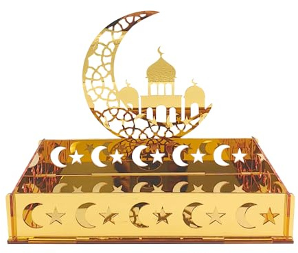 Ramadan Teller, Eid Mubarak Platte, verspiegelte Acryloberfläche, Desserttablett, Holzplatte mit Mond- und Sternmuster, Ramazan Dekoration, für Süßigkeiten, Kuchen, Kekse, für Eid Tischdekoration