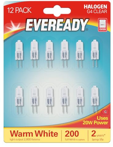 Eveready G4 Halogen Light Bulbs, 20W, 12V, 2-Pin Base, Clear Capsule, Warm White, Dimmable, 12-Pack