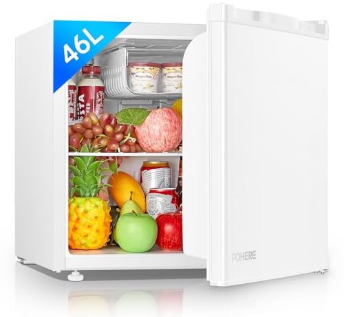 FOHERE Table Top Larder Mini Fridge 46L Capacity, Quiet Running 42dB, Reversible Door, Ice Box, Manual Temperature Control, White
