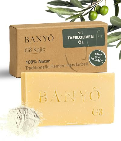 BANYÔ G08 Kojic Seife I Handgemachte Naturseife mit Kojisäure & pflanzlichen Ölen I Aufhellend bei Pigmentflecken & Verfärbungen I Fördert Anti-Aging-Effekt I Ideal für trockene & empfindliche Haut
