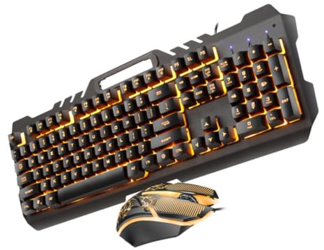 Tofficu Teclado Mecánico USB Retroiluminado y Ratón Moderno Luz Naranja para Gamers y Oficina, Conjunto Metálico Respuesta Rápida, Diseño Antideslizante para PC y Escritorio