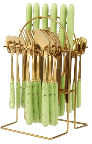 MAXCyurp 24-Piece Cutlery Set with Stand - Green Ceramic Handles & Gold Trim, Stainless Steel Silverware for Dining, Kitchen, Restaurant, Dishwasher Safe