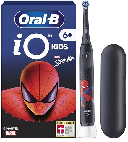 Oral-B iO Kids 6+ Marvel Spiderman Brosse à dents électrique, avec 1 brosse, 1 étui de voyage, minuterie musicale et 3 modes avec mode Super Sensitif adapté aux enfants, pour enfants à partir de 6 ans