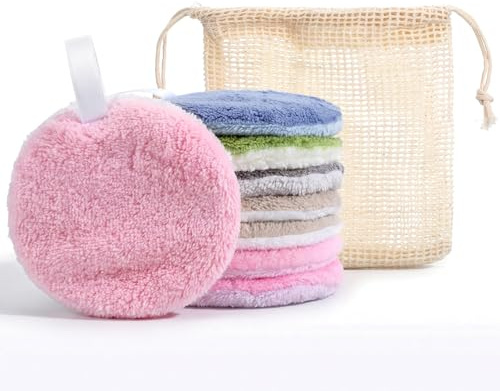 XLIUAX 8 stycken sminkkuddar tvättbar, bomull återanvändbara sminkborttagningsdynor med förvaringspåsar, ansiktsrengöringskuddar av korallfleece för kvinnor, ögonskugga och ansiktsrengöring