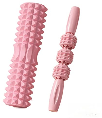 Fasciarulle (45 * 12cm), en fitnessrulle som används for självmassage av rygg och ben, effektiv massagerulle for funktionell träning, med massagestav(Pink)