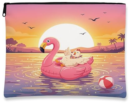 Funny Chickens Chick Makeup Bag, Flamingos Lifebuoys Sea Printed Cosmetic Travel Pouch for Women, Animal Portable Small Canvas Zipper Organizer 7x9 Inch