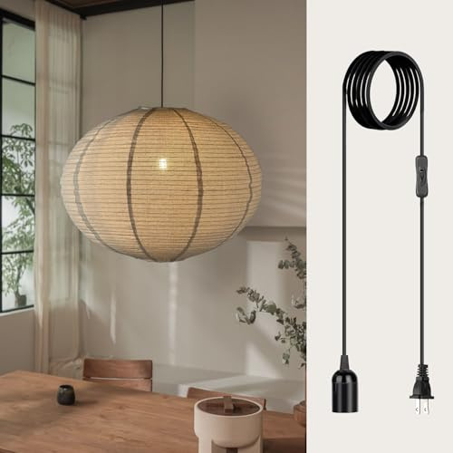 METHEDEECO Boho 50CM Leinen & Bambus Pendelleuchte – Handgefertigte Hängelampe für Restaurants, Schlafzimmer, Wohnzimmer und Flur, Minimalistische Deckenlampe