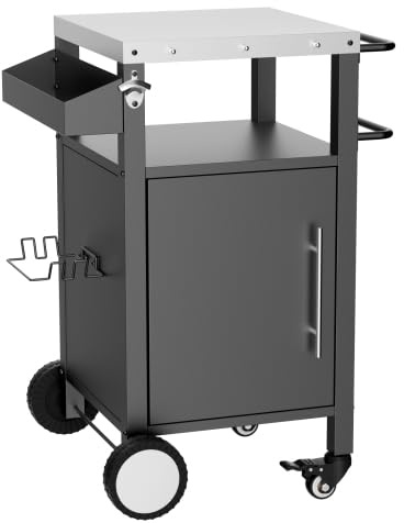 staronce Grillwagen Outdoorküche mit Rollen & Edelstahl Tischplatte - Mobiler BBQ-Wagen mit Unterschrank, Stauraum, Haken und Gewürzregal für Grillzubehör - Ideal für Garten, Terrasse, Balkon & Party