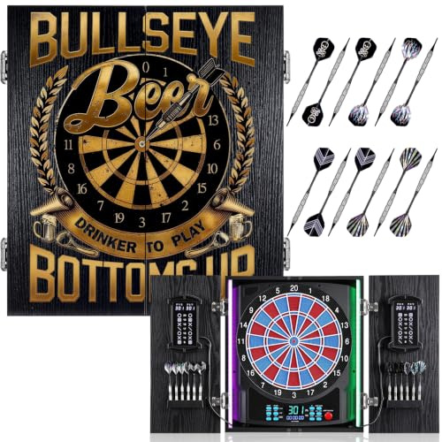 Yirinatek Jeu Électronique de Fléchettes, Coffret Cible Fléchettes à Motifs | [12 Fléchettes][Écrans Doubles Scores] Indicateur LED 8 Joueurs, Jeux de Flechettes Adulte Électronique pour Bar - BULLSEYE