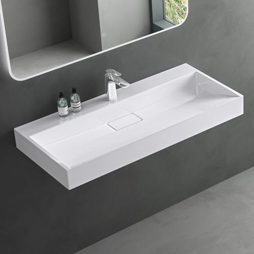 Mai & Mai Vasque Rectangulaire Posée Suspendue 120x46x11cm sans Trop-Plein | Vasque Lavabo, Perçage Robinet, Solid Surface, pour Grande Salle de Bains, Colossum19-1200
