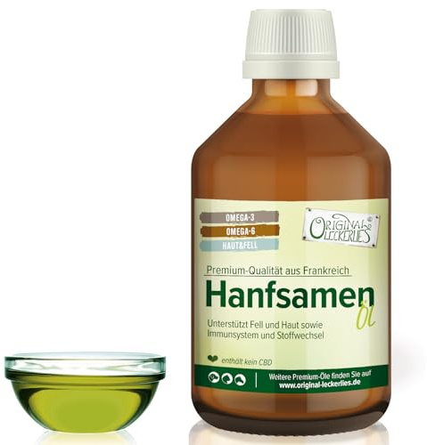 ORIGINAL LECKERLIES® Hanföl aus kontrolliertem Anbau, 250 ml in brauner Apotheker-Glasflasche, Reich an Omega 3 & 6, kaltgepresst, Lebensmittelqualität, Naturprodukt für Hunde, Pferde, Katzen