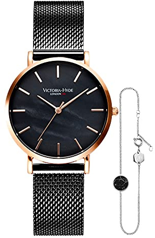 VICTORIA HYDE Damen Quarz Uhren Armreifen Set Edelstahl/Lederarmband