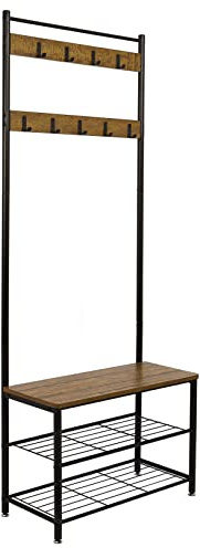 Mondeer Garderobenständer, mit Schuhregal,3 Ablagen und 9 Abnehmbaren Hake | Industrielles Design, aus Metall und Holz, stabile Konstruktion, 70 x 32 x 175 cm, geeignet für den Flur, Braun