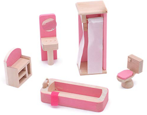 POFET Wooden Doll House Furniture Set Toy for Baby Kids Children Bath Shower Toilet Mirror Cupboard Bathroom