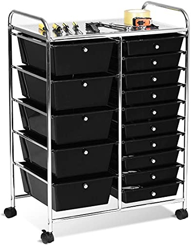 RELAX4LIFE Carrello Portaoggetti con 15 Cassetti, Cassettiera Alta con 4 Ruote Universali, Armadietto Mobile e Salvaspazio di Grande Capacità, Multiuso per Cucina, Bagno e Ufficio (Nero)