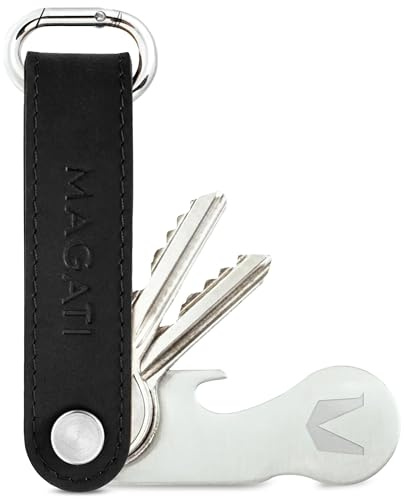 MAGATI Leder Key Organizer (Vintage Schwarz) – Kompakter und eleganter Schlüssel Organizer aus hochwertigem Leder – Mit Edelstahl Multitool – 1 Jahr Code24 Fundservice inklusive