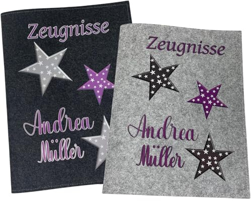 Zeugnismappe mit Namen - Mädchen und Jungen - Personalisiert Filz A4 Sterne Lila - Dokumenten Urkunden Mappe Kinder - Hefter Zeugnisse - Sichtbuch
