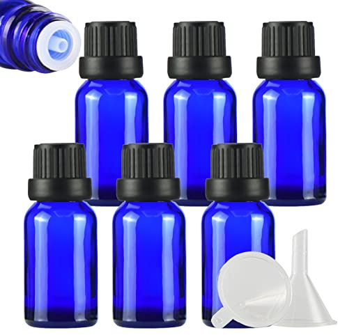 ZEOABSY 6 Stück Leer 15ml Braunglas Flasche mit Tropfmontur Originalitätsverschluss, Tropfflasche Blau mit Schwarz Schraubverschluss Glasflaschen für Ätherisches Öle Essenzen Aromatherapie