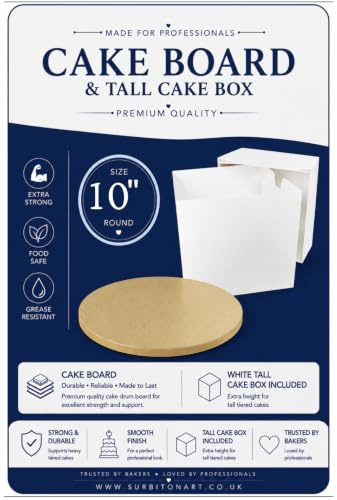 Art of cake® 10 in Round Gold Drum Board and 10 in White Tall Cake Box