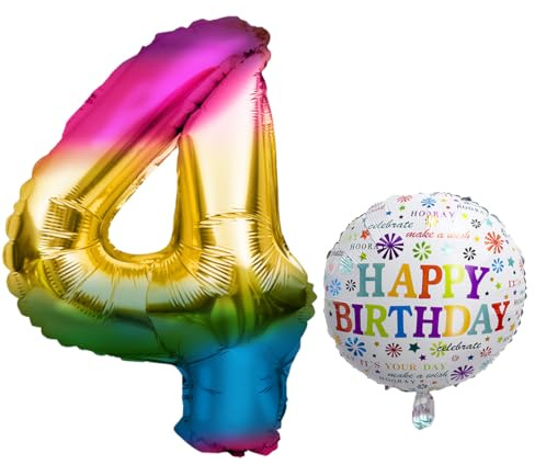 Luftballon 4. Geburtstag - XXL Riesen Folienballon Set 101cm + 45cm + 5M Deko Band - Helium Geeignet - Wiederverwendbar - Geburtstagsdeko für Jungen Mädchen Zahl 4
