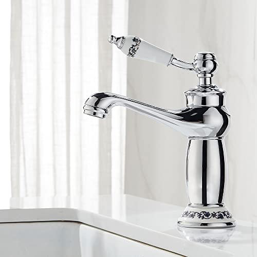 Maynosi Rubinetto da Bagno Retro, Miscelatore Vittoriano di Lusso con Maniglia Ceramica, Rubinetti per Lavabo per Bagno Con Flessibili, Miscelatore Caldo e Freddo, Ottone, Cromato