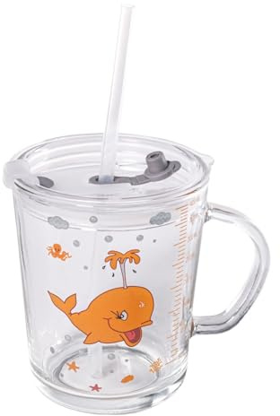 INTIRILIFE Kinder Trinkbecher transparent mit Deckel, Skala und Strohhalm mit Wal Design - 400 ml - Trinkglas Kinderglas Kinderbecher mit Henkel mit süßem Motiv, sicheres Trinken ohne Verschütten