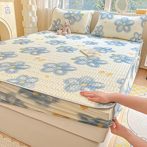 FCLDESHOP Gummizug in vielen Farben Spannbetttuch，Sommer-Latex-Eisseide-Spannbettlaken, Kinderzimmer-Cartoon-Druck, Tiefe Tasche, Bettlaken, Bettbezug, Kissenbezug, blau, 150 x 200 cm (3 Stück)