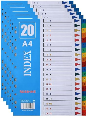 1-20 Part File Dividers A4, 6 Pack Plastic Folder Dividers for Ring Binder | with Multi-Punched11-Holes Index & Content List, Multi-Colour Index Dividers for Lever Arch Files