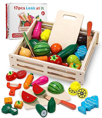 Birshe Juguete de madera para niños, cocina, corte de frutas y verduras, juego de juegos de rol, desmontable, juguete educativo, regalo para niños y niñas, cumpleaños y Navidad