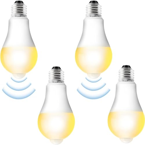 Aicharynic 4 Stück E27 LED Glühbirne Mit Bewegungsmelder, 12W Warmweiß 3000K Lichtsensor Energiesparlampe für Flur, Garage, Balkon, Treppe