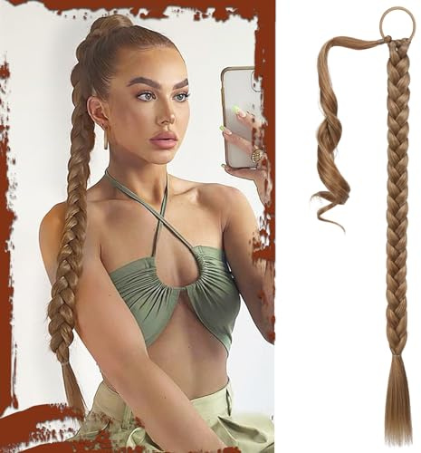 Sofeiyan Ponytail Extension,Geflochtener Zopf Haarteil mit Haargummi | Lange Braids Extensions,Synthetisches Zopf Extension für Damen Alltag,76cm (Pack of 1) Dunkles Aschblond Mit Strähnchen