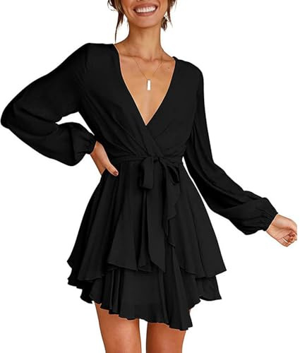 Robe à Manches Longues pour Femme Mini Robes Col en V Elegante Chic Robe Courtes a Manche Lanterne Casual Garniture à Volants Robes Automne Chic et Elegant avec Ceinture