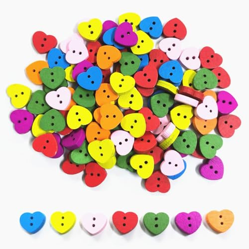 SamHeng 100 Pcs Heart Wooden Buttons, Colorful 2 Holes Handmade Craft Buttons, Decorative Art Buttons for DIY Clothes Sale Knitting Sewing Painting Scrapbooking Card Making Embellishments