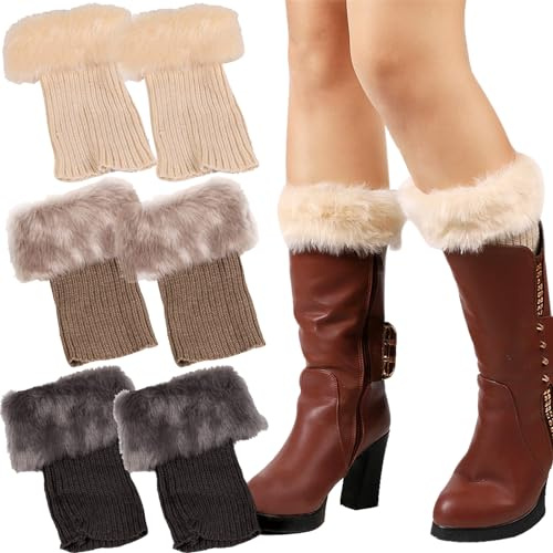 Benaton 3 Paar Warme Kurze Stiefel Manschette, Kurze Pelzige Beinwärmer, Faux Pelz Trimmstiefel Häkeln Häkeldeckel Bein Wärmer, Strick-Knöchelwärmer, Kurze Knöchelwärmer(Beige, Khaki, Dunkelgrau)
