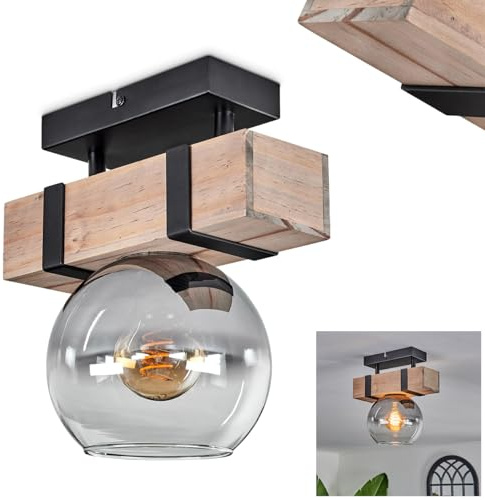 Deckenleuchte Montgomery, Deckenlampe aus Metall/Holz/Glas in Schwarz/Natur/Rauchfarben/Klar, Leuchte im Retro/Vintage/Industrial-Design mit Schirm aus Glas (Ø 15 cm), 1 x E27, ohne Leuchtmittel