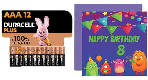 Duracell Plus AAA Batteries (12 Pack) - Alkaline 1.5V - Up To 100% Extra Life & 8th Birthday Card Boy Girl - Monster Birthday Card - Happy Birthday Card 8 Year Old Boy