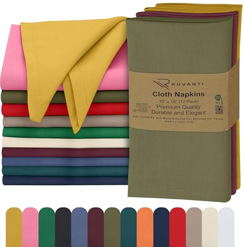 Ruvanti Stoffservietten, 45,7 x 45,7 cm, 100 % Baumwolle, waschbar, weich und saugfähig, perfekt für Hochzeit, Weihnachten, Thanksgiving-Abendessen, mehrfarbig, 12 Stück