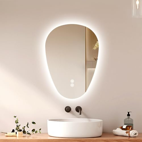EMKE Asymmetrischer Spiegel LED Badspiegel mit Beleuchtung 60 x 45 cm Touch-Schalter, 3 Lichtfarben Dimmbar, Beschlagfrei Badezimmerspiegel mit Beleuchtung IP44 Energiesparend