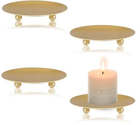 YoHyien 4 Pezzi Piattino Porta Candele 9 cm, Piatto per Candele in Metallo, Sotto Candela per Tealight, Porta Candele da Tavolo per Natalizie, Matrimonio Decorazione, Casa Festa, e Cena (Dorato)