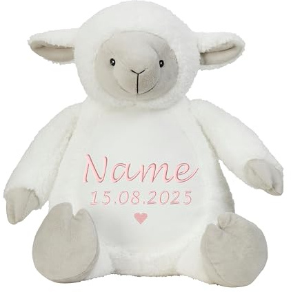 Schnoschi Kuscheltier mit Namen oder Initialen Bestickt, personalisiertes Stofftier, individuelles Schmusetier mit Wunschnamen (Lamm)