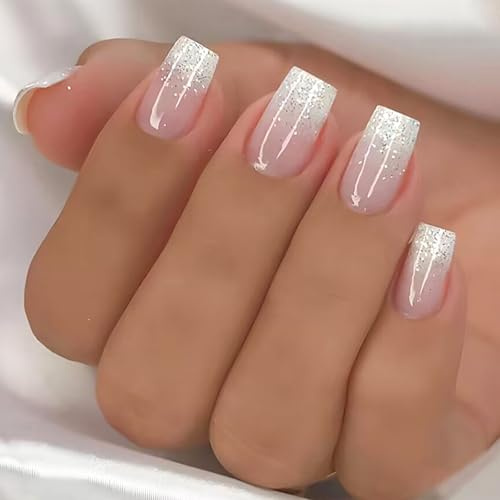 Medium Press on Nails Square White Gradient Fake Nails Press ons with Silver Glitter Design Glue on Nail Light Pink Full Cover Glossy Artificial Stick on Nail for Women 24Pcs