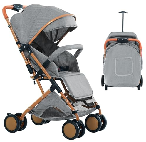 Kompakter Kinderwagen, ultra-kompakt, neigbarer Kinderwagen, goldene Füße, mit Moskitonetz, Tragetasche, extra großes Verdeck, 0-6 Jahre, Aufbewahrung mit einer Hand (grau)