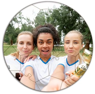 Personalisiertes Fußball-Fotopuzzle aus Holz - 16 Teile, Ø 21 cm - mit eigenen Fotos und Texten selbst gestalten - optional mit Geschenkbox