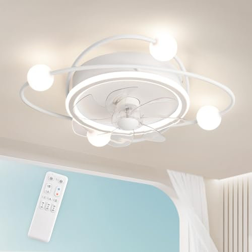 Ventilateur de Plafond Moderne 58cm Avec Plafonnier LED Dimmable 48W, Minuterie et Lampe Pour Salle à Manger, Chambre à Coucher (Blanc)