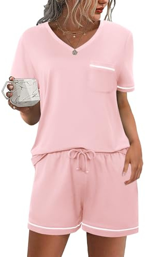 Litherday Pyjamas, dam, kort, bomull, pyjamas-set, sommar, enfärgad, Shorty nattkläder, kortärmad, sovkläder, tvådelad t-shirt med ficka