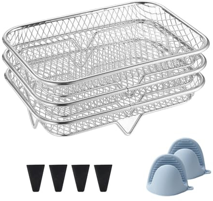 Grille Air Fryer, 3 Couches Empilables, Airryer Panier en Acier Inoxydable, Panier à Friteuse à Air Profond pour Four, 19 x 13 x 4,5 cm, Vec 4 Pieds De Silicone und 2 Gants Anti-Brûlures（Rectangle）