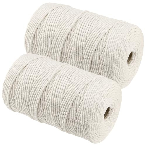 JIEHIN 2 Stück 200m x 3mm Makramee Garn, Weiß Baumwollkordel Makramee Kordel Baumwolle, Geflochtene Baumwollgarn Baumwollschnur zum Basteln, Stricken Boho Deko