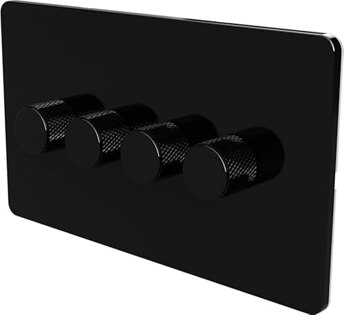 LED Dimmer Switch [Metal Knob/Plastic faceplate] 2-way Rotary Push On/Off for Dimmable LED and Halogen Lights, minimum brightness adjustable - Black 4-Gang
